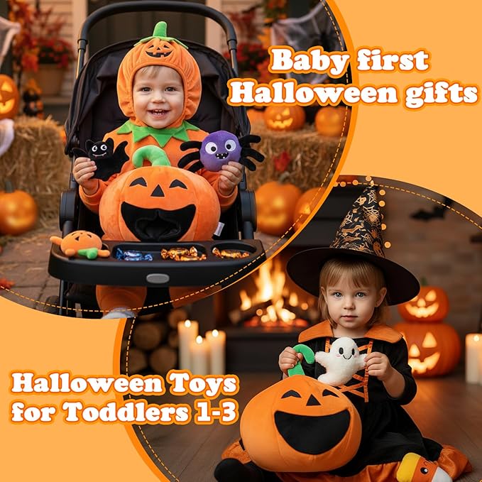 My First Halloween Baby Toys, Cuet Pumpkin Stuffed Animal Decor with Ghost Spider Bat Candy Corn Plush Toys and Small Mirror, Halloween Plush Gifts Basket Party Favors for Kids Babies Toddlers