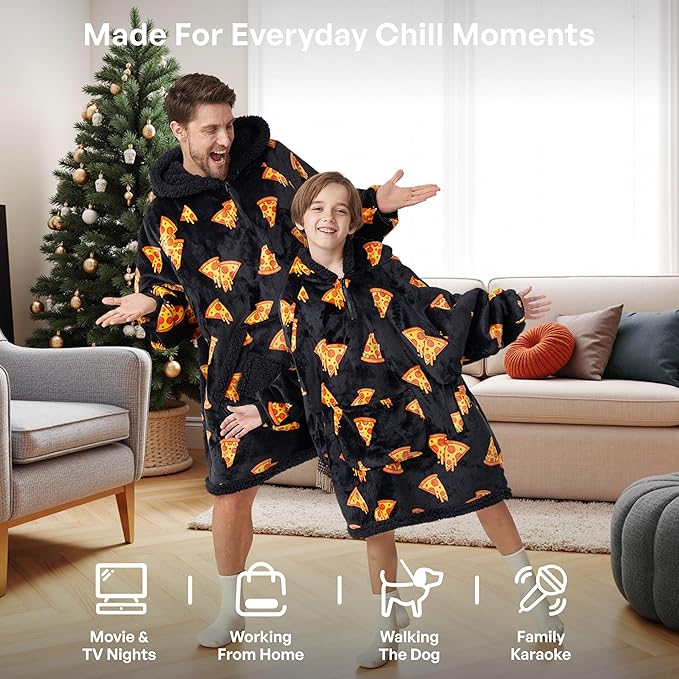 Giggling Getup Wearable Blanket Hoodie for Girls and Boys Warm Cozy Sherpa Fleece Hooded Blanket Sweatshirt Oversized Hoodie with Giant Pocket & Sleeves for Kids Pizza