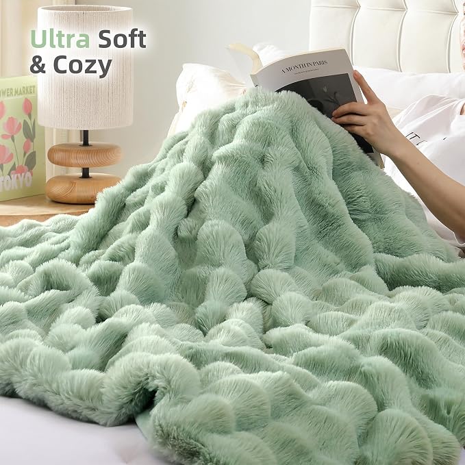 Faux Rabbit Fur Throw for Couch - Sage Green Bubble Blanket 50"x60" | Fluffy Plush Fuzzy Throw for Sofa & Bed, Super Soft Cozy Comfrt Blanket, Luxury Aesthetic Sage Green Decor Gift for Women