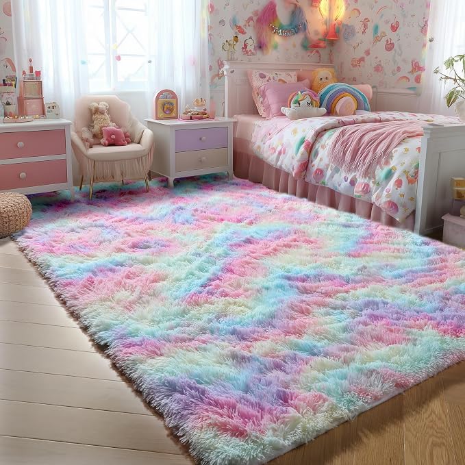 PAGISOFE Fluffy Vibrant Rainbow Rugs for Bedroom Girls 5x7, Colorful Soft Cute Unicorn Girls Room Rugs, Kids Playroom Living Room Nursery Home Decor, Furry Kawaii Princess Rug,Pastel Shaggy Rug Carpet