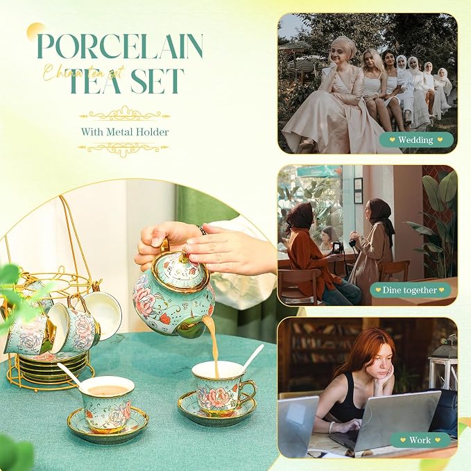 20 Pcs Porcelain Tea Set for Adults with Metal Holder and Spoon European Ceramic Tea Party Set Flower Painting Teapot Cup Saucer for Women Gift, Serving 6 People(Modern)
