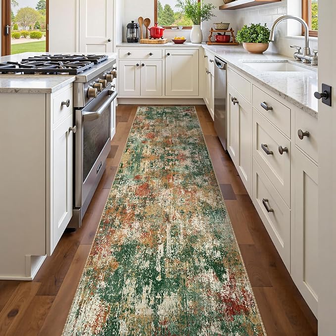 RELEANY Washable Runner 2'x10' Abstract Area Rug for Hallway Green Multi | carpet for kitchen, entryway, bathroom, living room, bedroom, printed pattern, non-slip, soft, stain-resistant, easy to clean