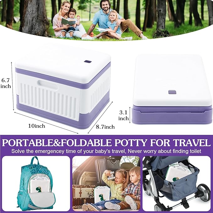 Fabulas Portable Potty for Toddler Travel, Foldable Travel Potty Training Toilet Seat for Kids Boys Girls, Emergency Mobile Toilet In Car for Camping, Outdoor, Indoor, with 30 Disposable Bags, Purple