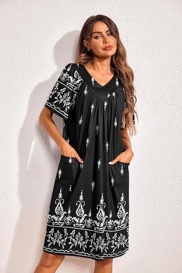 Ekouaer Womens House Dress Floral Print Nightgown with Pockets Mumu Dress