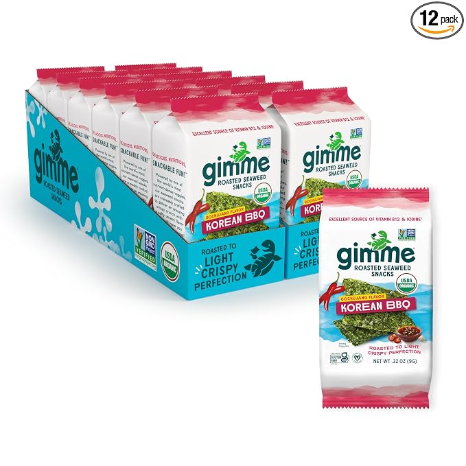 Gimme Seaweed Organic Premium Roasted Seaweed Snacks, Korean BBQ, 12 Count Sharing Size, Keto, Vegan, Gluten-Free, Great Source of Omega3s and Iodine, Healthy On-The-Go Snack for Kids and Adults