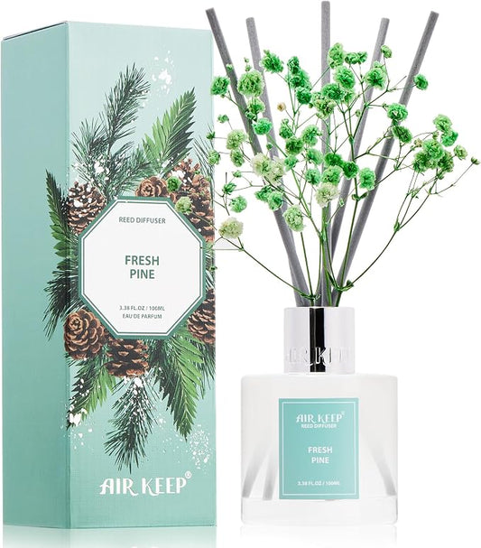 Airkeep Reed Diffuser Set,3.38 fl oz (100 ml) - Fresh Pine Oil Diffusers with 8 Reed Sticks, Home Fragrance Reed Diffuser for Bathroom Shelf Decor