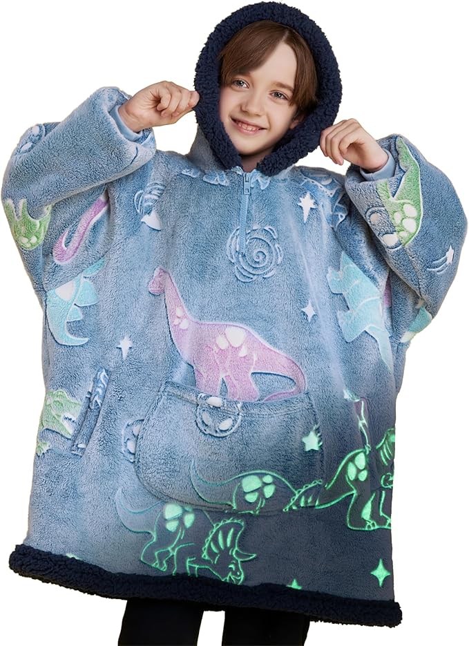 Giggling Getup Glow in The Dark Wearable Blanket Hoodie for Girls and Boys Warm Cozy Sherpa Fleece Hooded Blanket Sweatshirt Oversized Hoodie with Giant Pocket & Sleeves for Kids Blue Dinosaur Glow