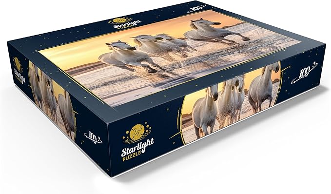 MyPuzzle White Camargue Horses Galloping On A Beach in France - Premium 100 Piece Jigsaw Puzzle for Adults
