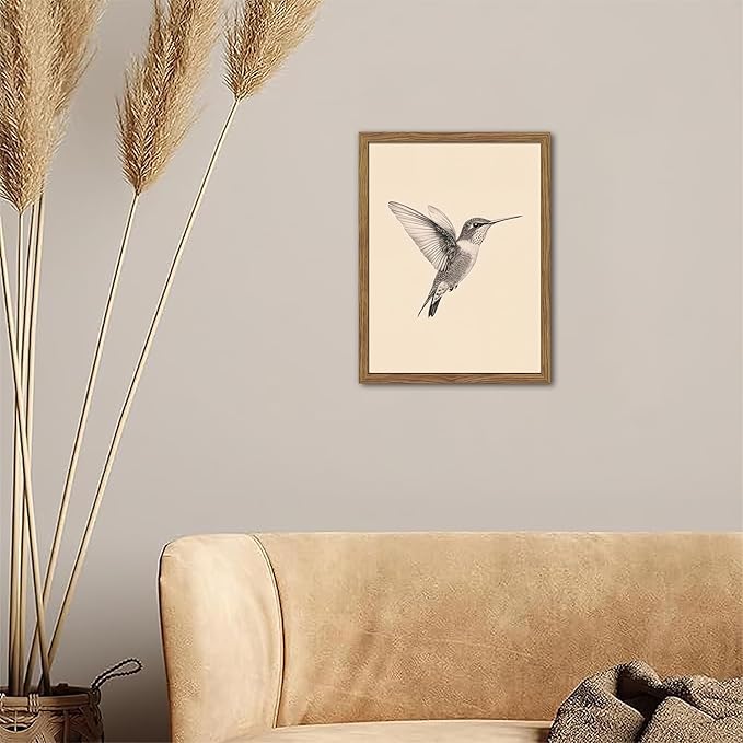 Vintage Framed Wall Art, Birds Canvas Prints, Hummingbird Sketch Painting Picture, Neutral Farmhouse Artwork Wall Decor for Living Room Bedroom – Dark Wooden Frame 16x24in
