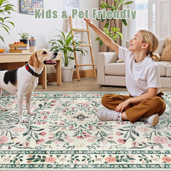 Runner Rug for Entryway: 2x5 Kitchen Rugs Non Slip Washable Ultra-Thin Soft Floral Carpet Indoor Floor Stain Resistant Carpets for Hallway Bedroom Kitchen Laundry Bathroom Dorm Green/Beige