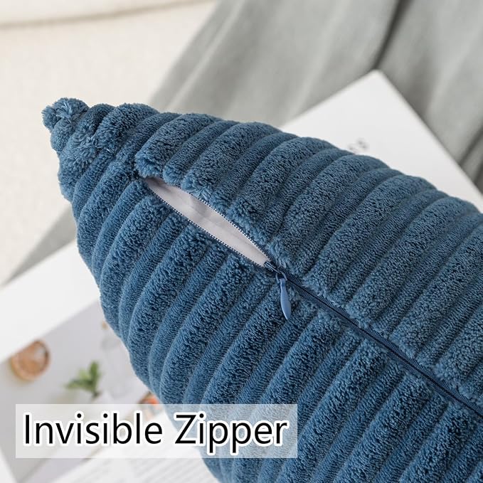 UGASA Velvet 12x20 Inch Lumbar Soft Throw Pillow Covers Decorative Corduroy Striped Both Sides Solid Rectangular Cushion Cases Boho Farmhouse for Couch Bedroom Sofa Home, Pack of 2, New-Dusty Blue