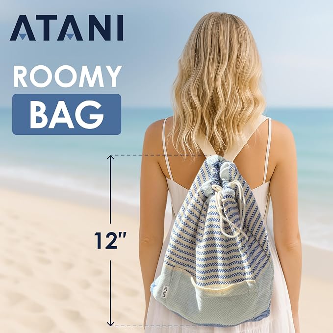 ATANI Turkish Beach Towel (71x39 Inches), Converts to a Bag, Oversized 100% Cotton Bath Towels Lightweight Quick-Dry Beach Blanket for Travel, Picnic, Camping, Yoga and Pool (Blue)