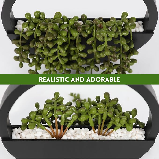 2pcs Artificial Succulents Hanging Plants 20.1'' Fake String of Pearls in Pot with 9.4'' Lanyard for Indoor Outdoor Wall Decor (Black)