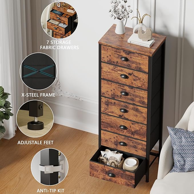 Dresser for Bedroom, 7 Drawers Tall Chest of Drawers | Rustic Brown Storage Organizer, Fabric Bins, Metal Frame, Wood Desktop, Dorm Vertical Closet,Bedside Furniture in Living Room