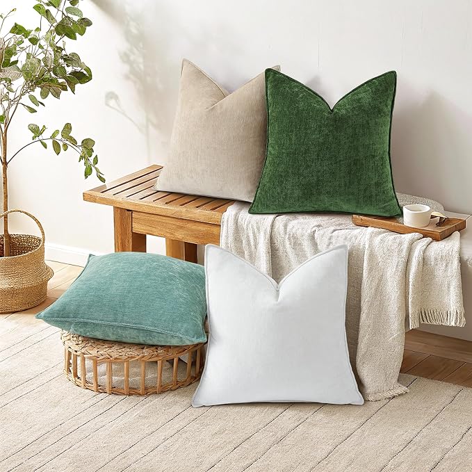 decorUhome Chenille Cream White Velvet Throw Pillow Covers 20x20 Set of 2 | Fall Soft Couch Decorative Modern Farmhouse Pillow Cases with Elegant Design for Sofa Bed Living Room Home Decor