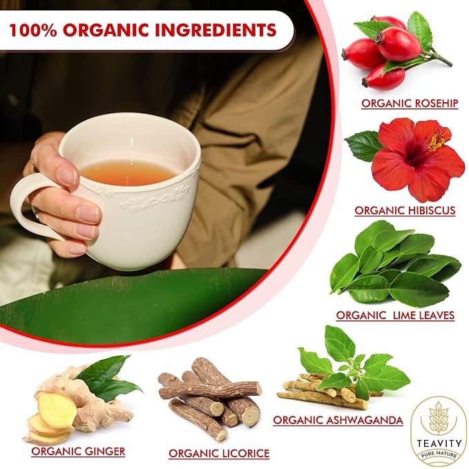 Organic Ashwagandha TeaPods for Keurig with Ginger, Licorice, Hibiscus, Rosehip, & Lime - Decaf HerbalTea - Energizing Tea by Teavity (24 Tea Pods)