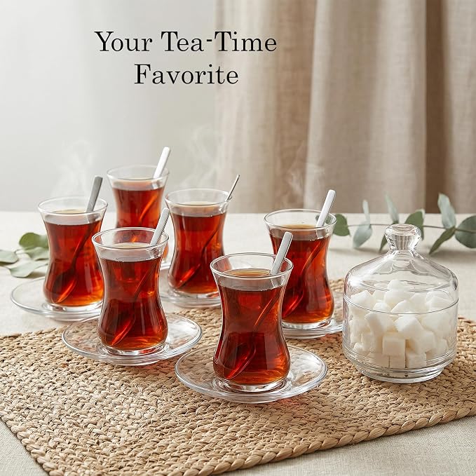 19 Pieces Turkish Tea Glasses Set Includes; 6 Glasses, Tea Cups (4.5 oz), 6 Saucers, 6 Stainless Steel Spoons and Sugar Bowl with Glass Cover (8.6 oz)