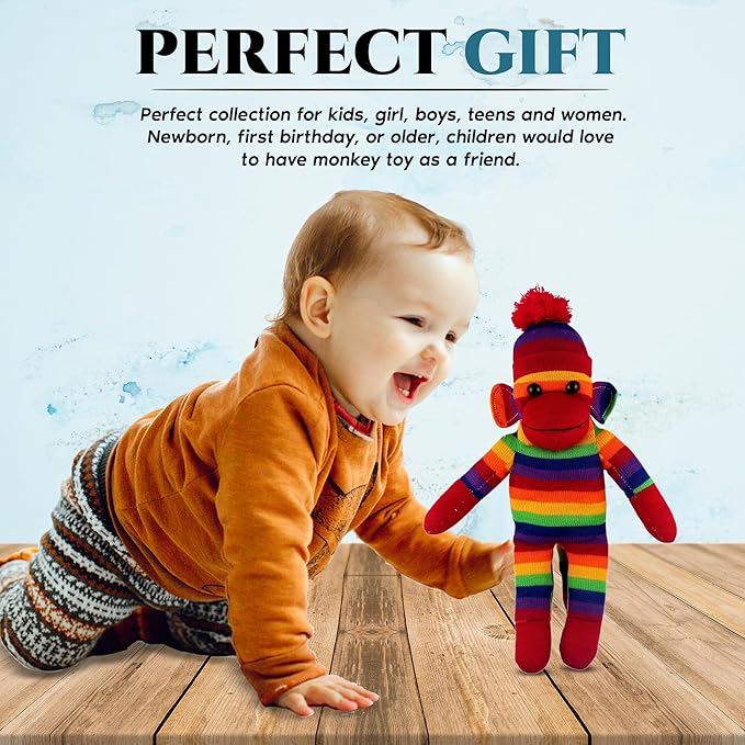 Plushland Adorable Sock Monkey, The Original Traditional Hand Knitted Stuffed Animal Toy Gift-for Kids, Babies, Teens, Girls and Boys Baby Doll Present Puppet (16'' Rainbow)