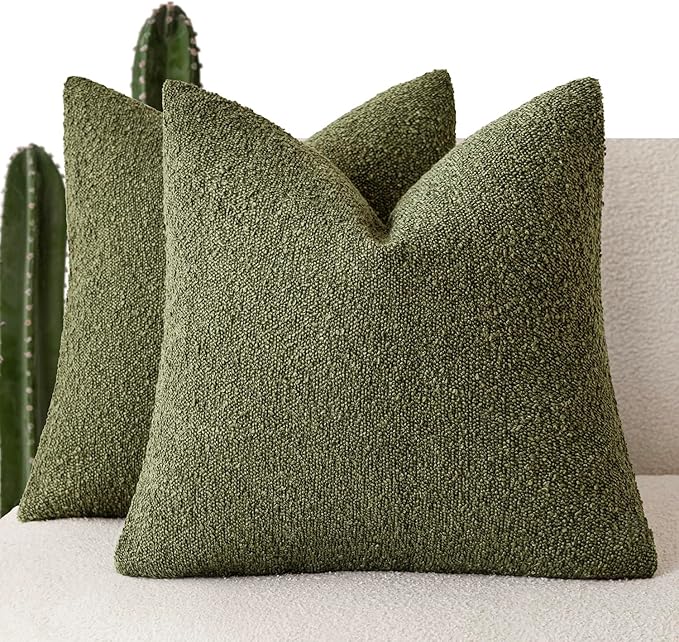 Foindtower Pack of 2 Modern Textured Boucle Throw Pillow Covers Accent Solid Decorative Pillow Cases Cozy Woven Couch Cushion Case for Chair Sofa Bedroom Living Room Home Decor 20x20 Inch Moss Green