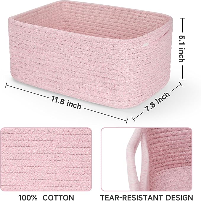 3 Pack Small Storage Baskets for Organizing, 11.8×7.8×5.1", Mixed Pink | Woven Baskets for shelves, Cotton Rope Basket for Gifts Empty, Closet Organizer Bins with Handles, Cube Decorative Box