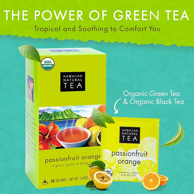 Hawaiian Natural Passion Fruit Orange Flavored Organic Tea - Tropical Fruit Green & Black Tea Blend, Perfect Daily Cup & Gift - 20 Bags