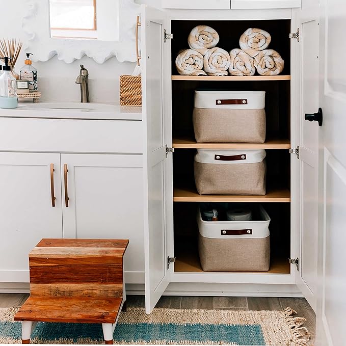 OrganiHaus 16x12.5in Storage Baskets, 3 Pack - Fabric Bins for Shelves | Vegan leather handles; a decorative linen closet organizer, towel and clothes container