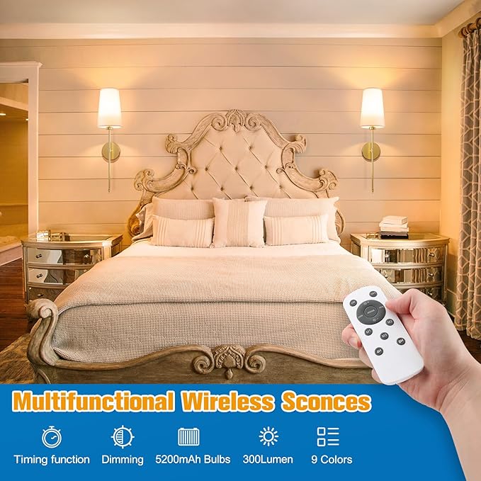 Gold Battery Operated Wall Sconce Set of 2,Rechargeable Wall Lights with 10400mAh Dimmable Detachable Bulbs and Remote,9 Colors Wireless Sconces for Bedroom Living Room Hallway