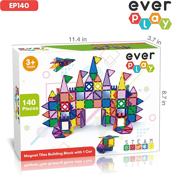 140 pc Castle Rocket Magnetic Tiles with Car Set Building Block Toys STEM Educational Learning Magnet Toy Preschool Montessori Boys & Girls Smart Kit Games Gifts for Age 3+ Kids Toddlers