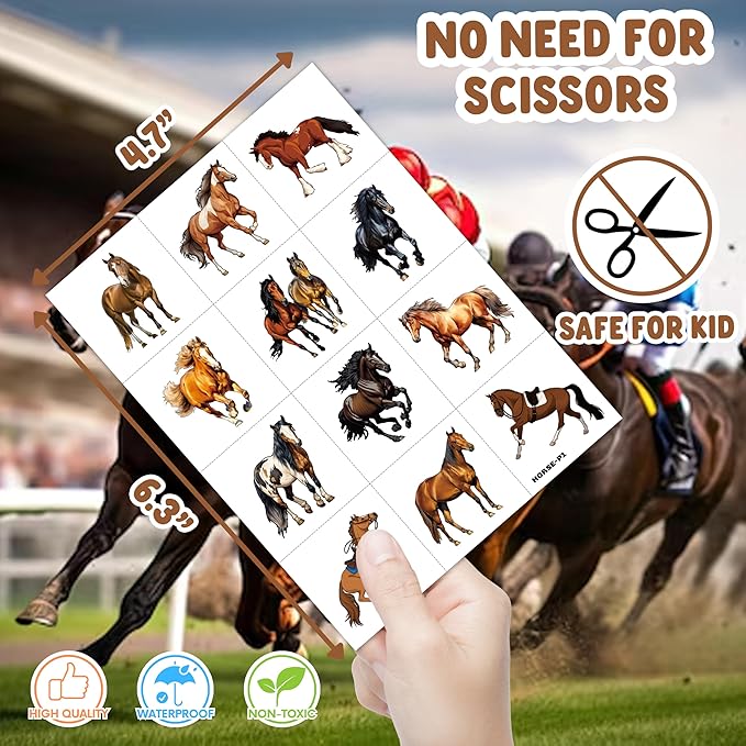 96 PCS Floral Cowgirl Horse Derby Pre-Cut Temporary Tattoos Birthday Party Favors Decorations Supplies Stickers Racing Pink Wild Horse Rodeo Cowboy Girls Boys Men Gift School Prizes Rewards (Normal)