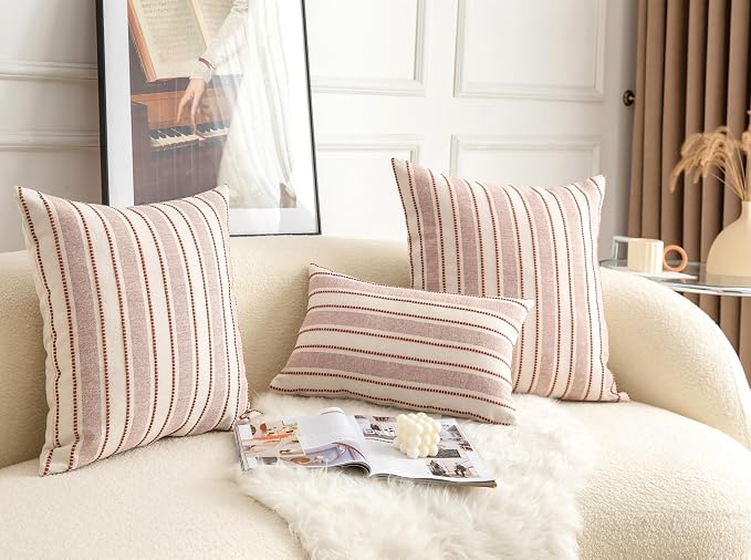 Cethom Decorative Boho Lumbar Throw Pillow Covers, Farmhouse Textured Pillow Case, 12 x 20 Inch Set of 2, Chair Sofa Bedroom Living Room Home Decor Couch Cushion Case, Rust and Beige Striped