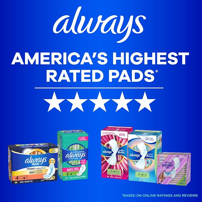Always Ultra Thin Feminine Pads Without Wings for Women, Size 1, Regular Absorbency, Unscented, Up to 100% Leak-Free Protection, 44 Count x 3, 132 Count Total