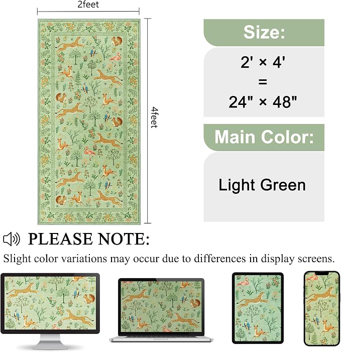 DUKINO 2x4 Rug for Entryway, Animal Washable Rug for Kitchen, Light Green | Non Slip, Low Pile, Stain Resistant Indoor Runner Rug for Hallway, Bedroom, Bathroom, Laundry, Pet Friendly, Non-Shedding