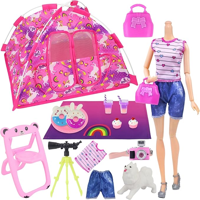 Ecore Fun 15 Pcs Doll Camping and Accessories Set for 11.5 Inch Girl Dolls Includes Tent, Clothes, Chair, Camera, Drink, Cupcake, Donut, Telescope, Toy Dog, Bag