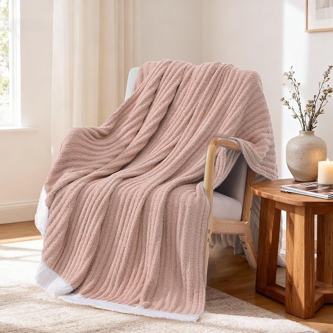 Soft Throw Blanket for Couch-Cozy Reversible Knitted Blankets | Lightweight Warm Fluffy Decor for Women, Mom, Her & Girls, Sofa, Chair, Bed, 50x60in, Pink