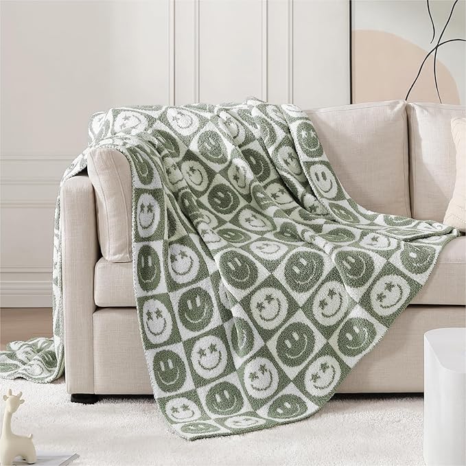 Soft Checkered Throw Blanket for Couch-Cozy Warm Knitted Blankets | Lightweight Warm Fluffy Decor for Women, Mom, Her & Girls, Sofa, Chair, Bed, 50x60in, Seagrass Smiling Face