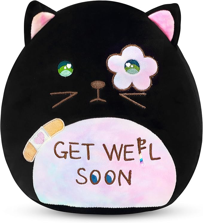 Easfan Get Well Soon Stuffed Cat Plush Pillow, Cozy Black Kitty Snuggle Soft Toy with Rainbow Belly, Gifts or Patients Girls Boys Women Men After Surgery, 12"
