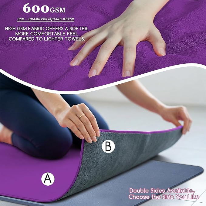 Hot Yoga Mat Towel Set – Non-Slip 600GSM Thickened Microfiber Yoga Mat Cover (70"x25.5") + Hand Towel – Super Absorbent, Skidless Sweat Towel for Hot Pilates, Bikram & Fitness, Dark Purple