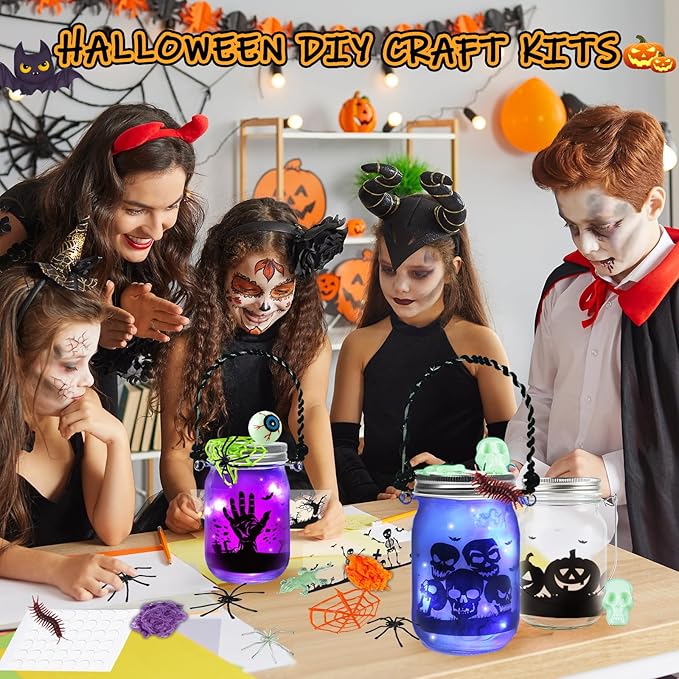 Halloween Crafts for Kids, 8 PCS Mason Jar with Accessories for DIY Craft & Art Party Favor Supplies, Halloween Decoration Trick or Treating, Classroom Art Activities
