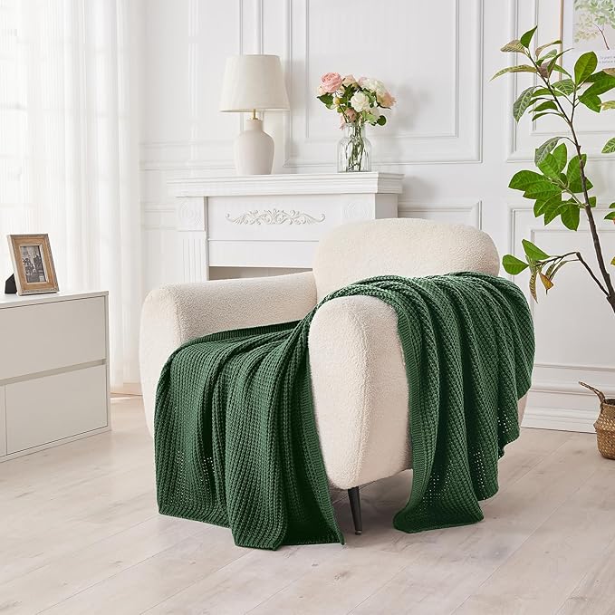 Douceur Christmas Green Throw Blanket for Bed, Soft Chunky Cable Knit Throw Blanket, Classic Fisherman's Rib Stitch Pattern Throw for Living Room,50"X60"