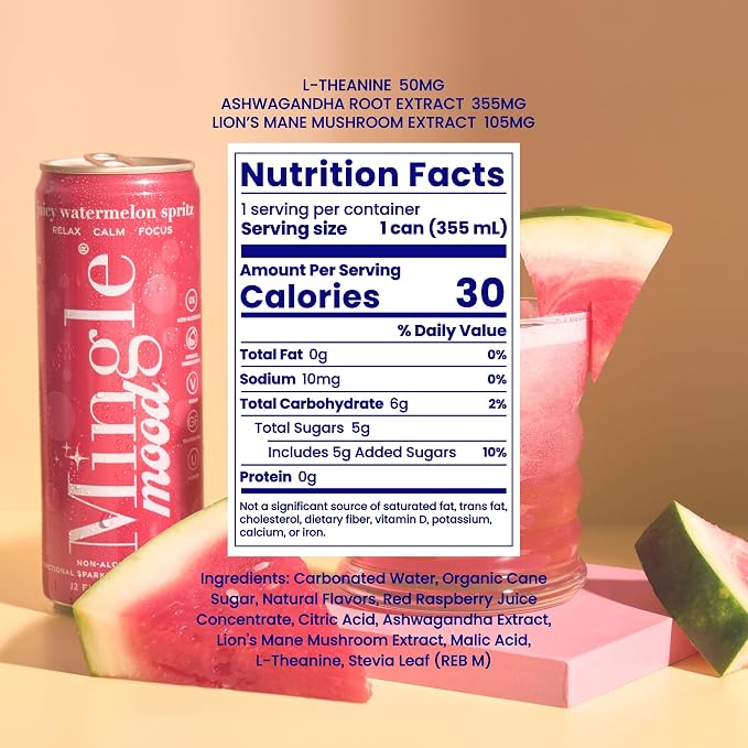 Mingle Mocktails Watermelon Spritz Nootropic Non Alcoholic Drinks with Ashwagandha, L-Theanine, Lion's Mane, Adaptogens, Alcohol Alternative Pre-Mixed Mocktails, Gluten Free Vegan, 24 Pack 12 fl oz