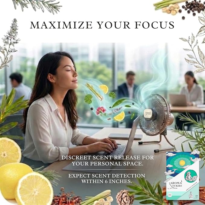 AROMA STICKERS® Original Blend Focus - 100% Natural Essential Oil Scented Stickers for Personal Space - Towels, Blankets, Face Mask & Pillow (Pack of 1, 12 Stickers)