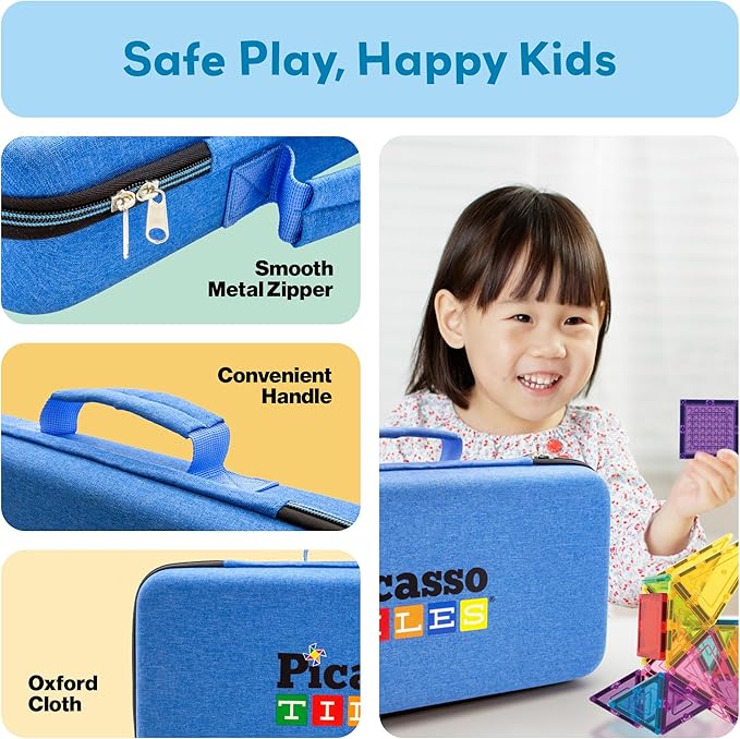 PicassoTiles Magnetic Tile Storage Case 16.5x7.5x3.5in Travel Carry Bag with Handle Water Resistant Organizer Compatible with Magnet Building Block Sets STEM Educational Accessories Oxford Cloth PTA10