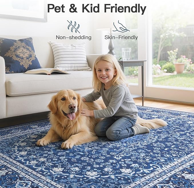 6x9 Area Rugs for Living Room, Washable Non-Slip Rug, Oriental Dark Blue | Area Rugs for Bedroom, Low Pile Large Carpets for Dining Room, Office, Indoor, Stain Resistant Vintage Oriental Print Rug