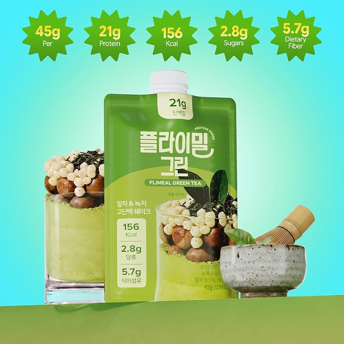 Flimeal GreenTea Matcha Protein Shake, With Crunchy Protein Balls, Protein Smoothie Powder - 21g Protein, Low Sugar, Keto-Friendly Meal Replacement Shake, 1.59oz, 7packs, 7 Servings (7 Packs X 1.59 oz)