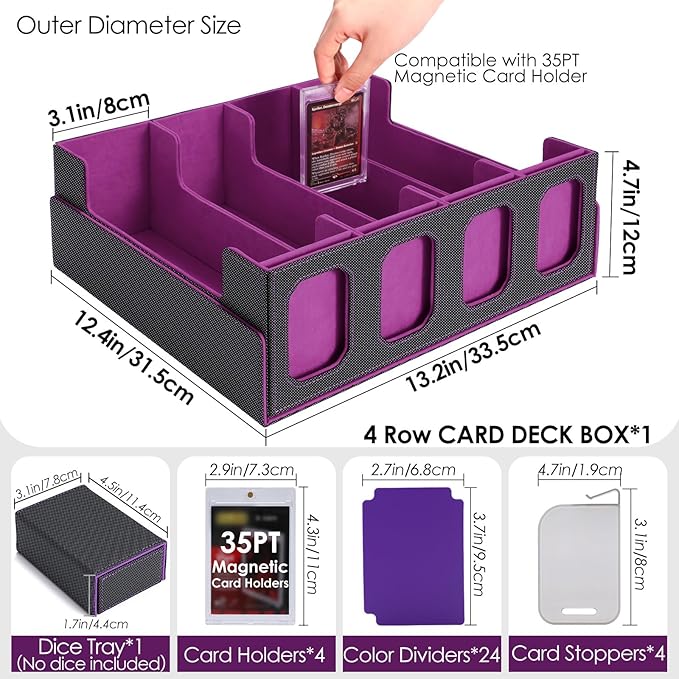 Trading Card Storage Box with Commander Display, 4-Row Deck Case with Removable Lid, 3200+ MTG Deck Box with 24 Colorful Divider, 4 Magnetic Card Holders, 4 Stoppers, Dice Tray(Black Purple)