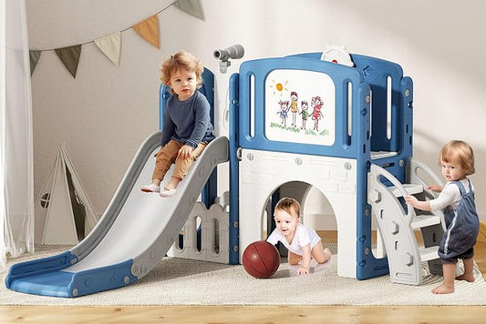 Glaf Toddler Slide 9 in 1 Outdoor Playset Indoor Playground Kids Baby Slides for Toddlers Age 1-3 Backyard with Climber Basketball Hoop Telescope Drawing Board and Storage Space (Blue)