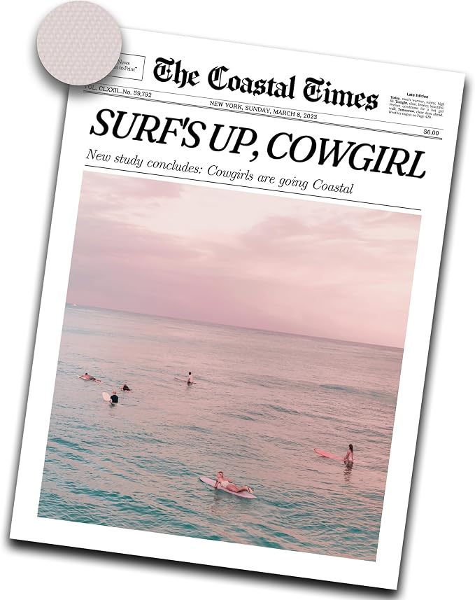 iHery 12x16in Surf’s Up Cowgirl Unframed Newspaper Wall Art | Unframed Canvas Print, Coastal Cowgirl Poster Decor for Bedroom 1Pack