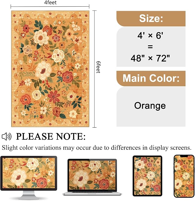 DUKINO 4x6 Area Rug, Floral Washable Rug Non Slip Office Chair Mat, Orange | Low Pile, Stain Resistant, Soft Indoor Rug for Bedroom, Living Room, Dining Room, Kids Room, Pet Friendly, Modern Home Decor