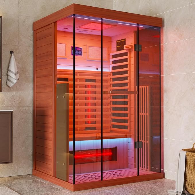MEISSALIVVE Full Spectrum Infrared Sauna，1-2 Person Home Sauna，Red Cedar Indoor Sauna with Resonance Speaker, Panoramic Tempered Glass Door