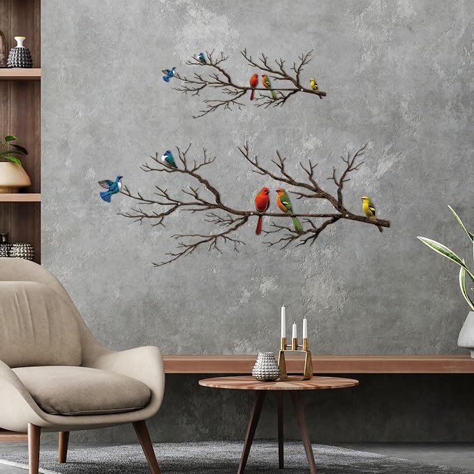 ESTART Metal Birds Wall Art, Metal Vivid Birds on Branch Silhouette Wall Decor Black Leaves with Bird Outdoor Hanging Wall Sculpture for Home Balcony Garden (Vintage Color, Large)